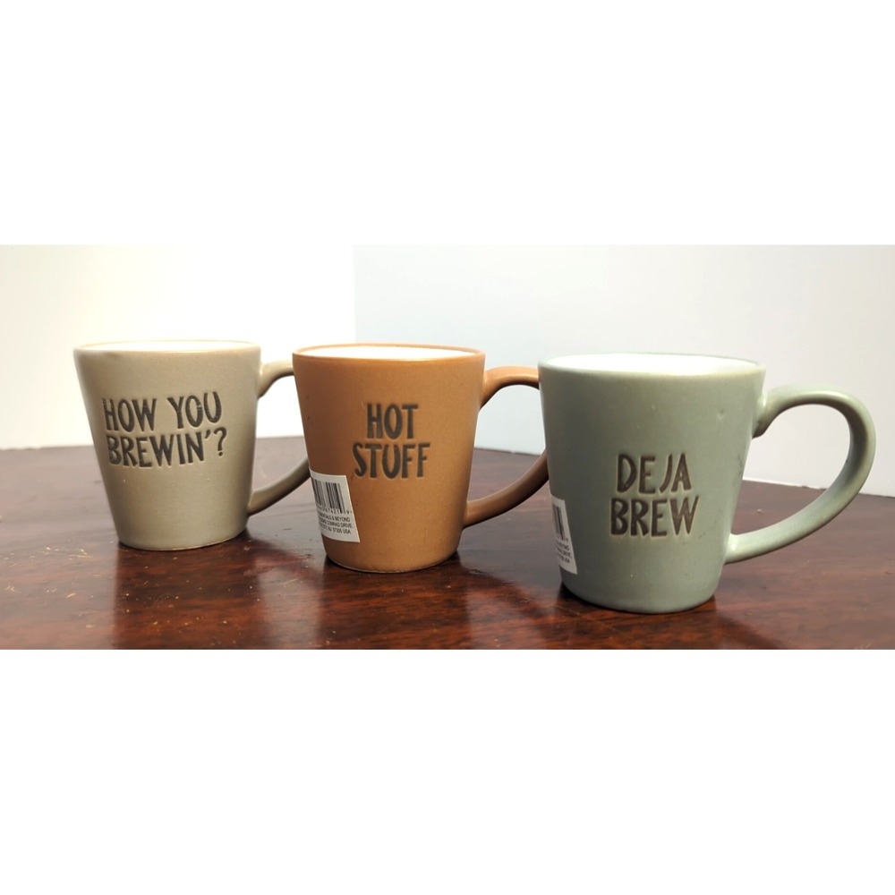Espresso Cups Cafe Pun Sayings Rise and Grind, Hot Stuff, Deja Brew Set of 3